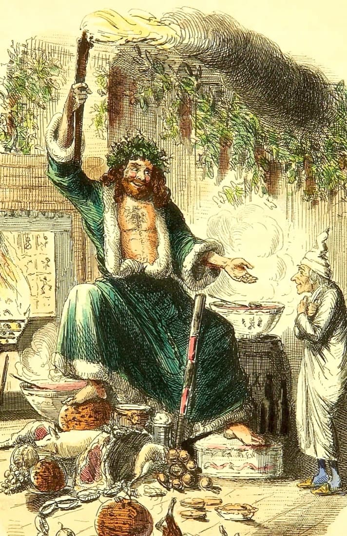 A hand-coloured engraving of a jolly giant in a green fur-trimmed robe and holly crown, holding up a torch above a feast.